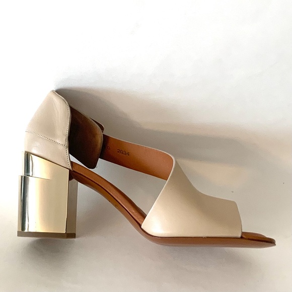 CLERGERIE Women's Beige Leather Abstract Gold Block-Heel Sandals Open toe Pumps - Picture 16 of 16